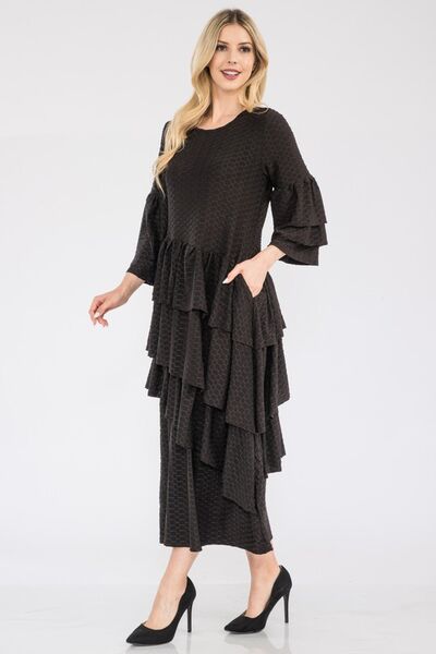 Celeste Black Honey Comb Asymmetrical Ruffle Midi Dress