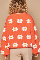 POL Sun Orange Daisy Pattern Drop Shoulder Balloon Sleeve Sweater Trendsi