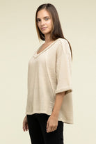 Zenana Brushed Waffle Exposed-Seam 3/4 Sleeve Top ZENANA