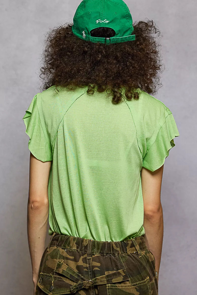 POL Lime V-Neck Short Sleeve T-Shirt with Ruffle Sleeve