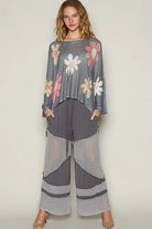 POL Charcoal Flower Dropped Shoulder Long Sleeve Knit Top