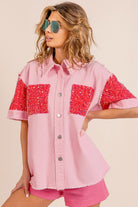 BiBi Pink Sequin Detail Raw Hem Short Sleeve Shirt Trendsi