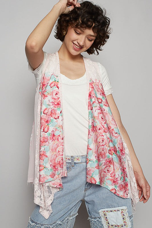 POL Lace Patchwork Floral Open Front Sleeveless Cardigan