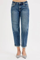 RISEN Dark Washed Low Rise Crop Boyfriend Jeans DARK