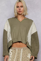 POL Olive Mix Thermal Floral Pattern Quilted Knit Cropped Top with Raw Edge Detail