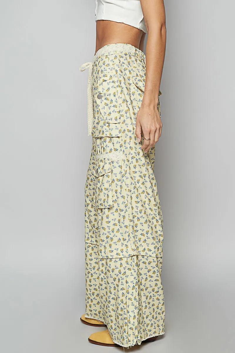 POL Vanilla Floral Lace Drawstring Cargo Pants