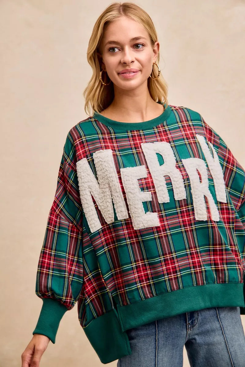 BiBi Merry Letter Patches Christmas Plaid Sweatshirt