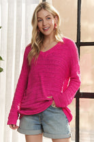 ADORA Deep Rose V-Neck Drop Shoulder Long Sleeve Sweater