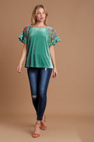 Umgee Turquoise Velvet Embroidery Short Sleeve Blouse Shirts & Tops