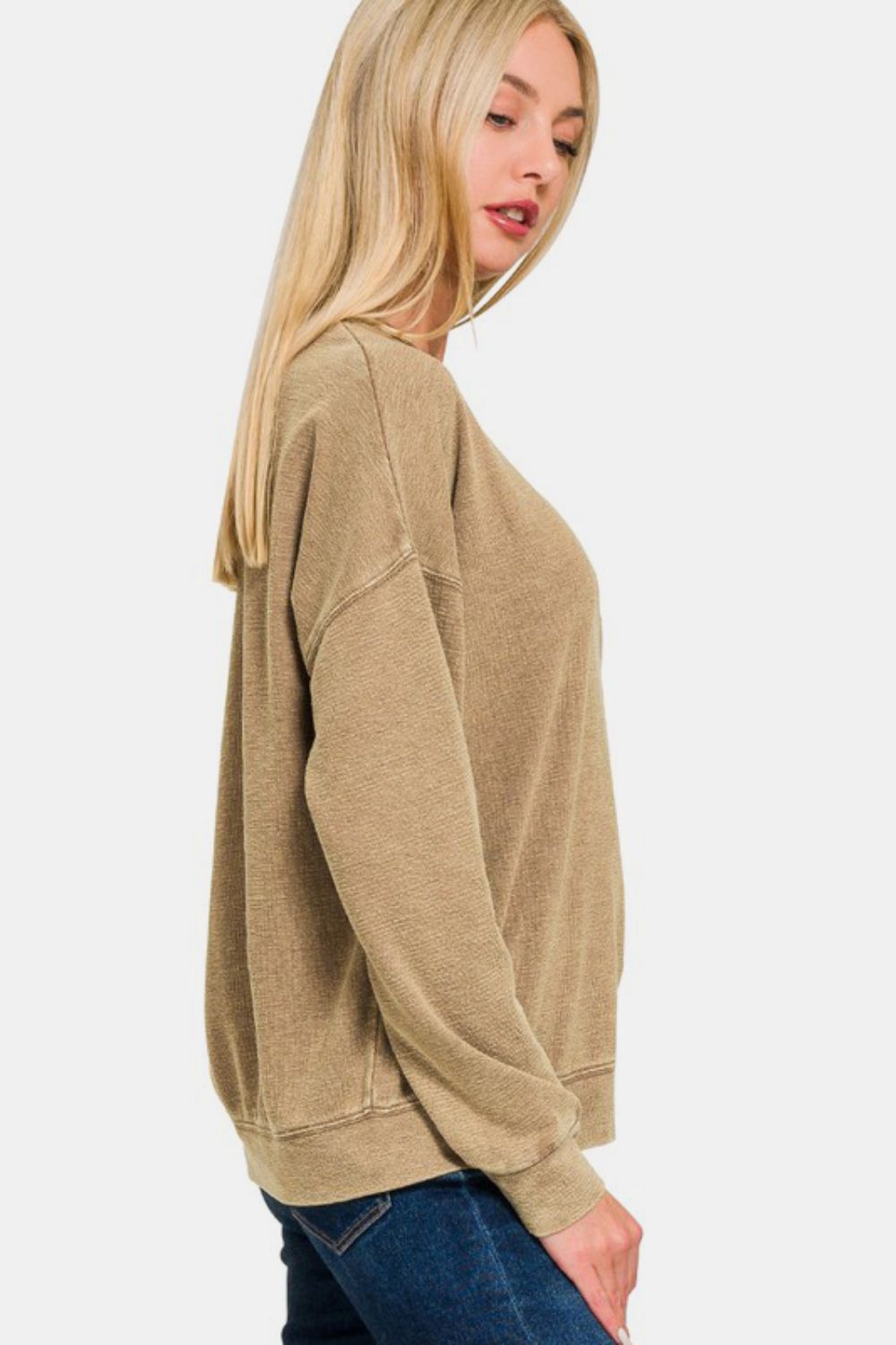 Zenana Camel Washed Round Neck Dropped Shoulder Sweatshirt Shirts & Tops