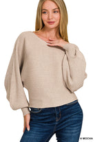 Zenana Heather Mocha Boat Neck Balloon Sleeve Sweater H MOCHA
