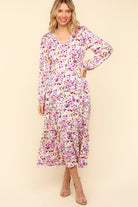 Haptics Liliac Floral V-Neck Long Sleeve Dress with Side Pockets Dresses