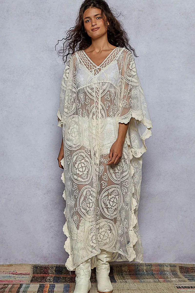 POL V Neck Short Sleeve Lace Embroidered Dress