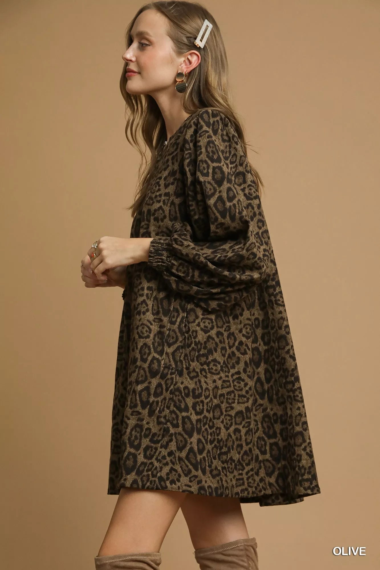 Umgee Olive Leopard Print Long Sleeve Swing Dress