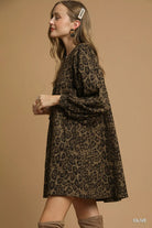 Umgee Olive Leopard Print Long Sleeve Swing Dress