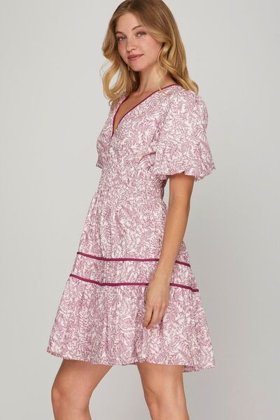 She + Sky Berry Printed V-Neck Puff Sleeve Tiered Dress