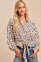 BiBi Cream & Black Polka Dot Print Tie Hem Detail Crop Shirt