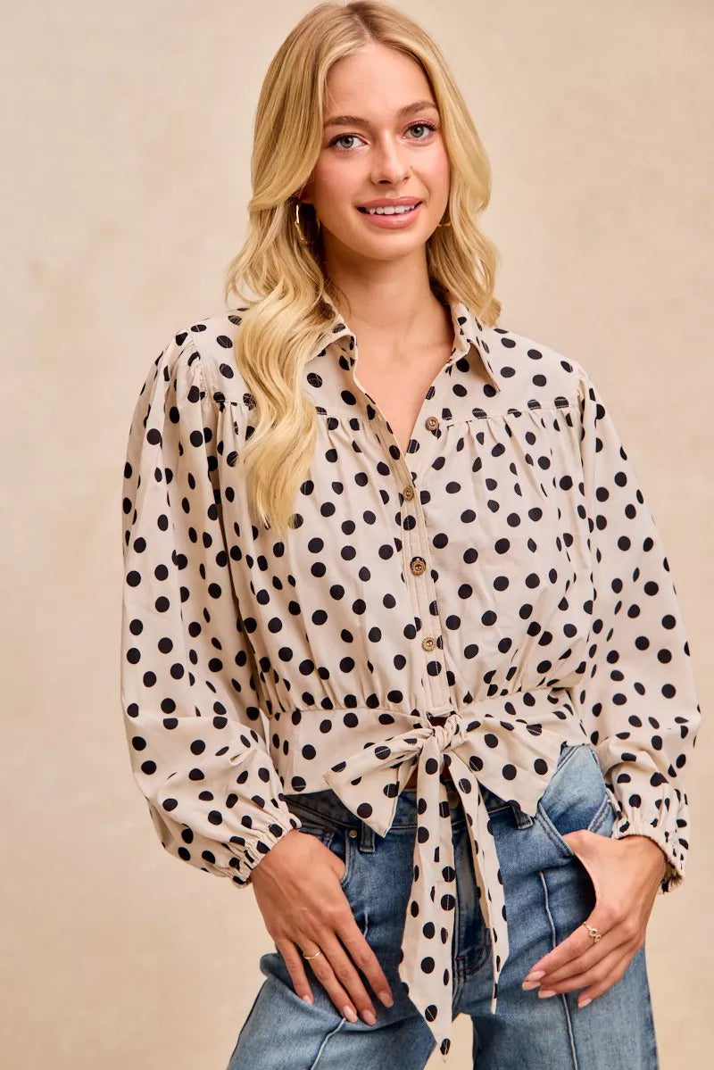 BiBi Cream & Black Polka Dot Print Tie Hem Detail Crop Shirt