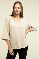 Zenana Brushed Waffle Exposed-Seam 3/4 Sleeve Top ZENANA