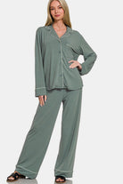 Zenana Sage Button Down Long Sleeve Top and Pants Lounge Set Sage Loungewear