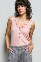 POL Rose Pink Ribbed V-Neck Tank with Contrast Floral Neckband ROSE PINK