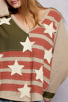 POL Double Gauze American Flag Patch V-Neck Long Sleeve T-Shirt