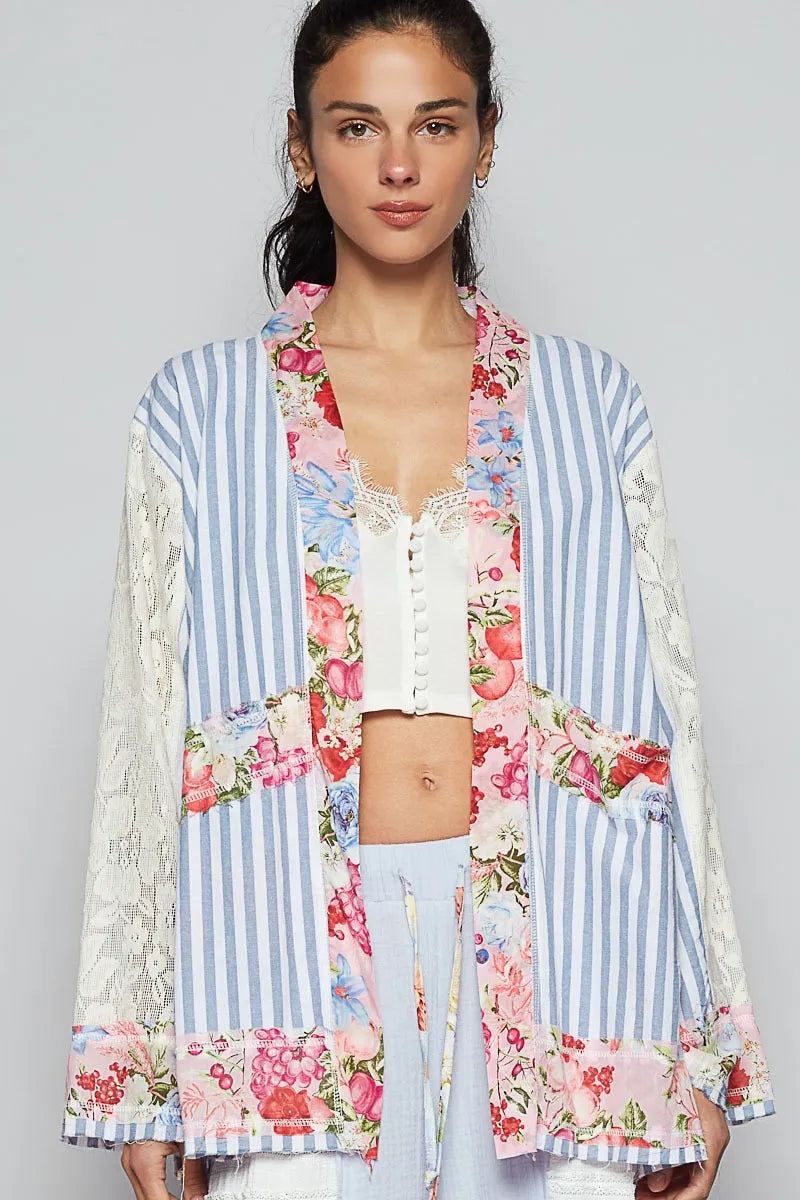 POL Blue Multi Lace Long Sleeve Striped Cardigan with Contrast Floral Detail Light Blue