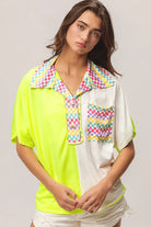 BiBi Neon Yellow Color Block Knit with Multi Checker Contrast Top