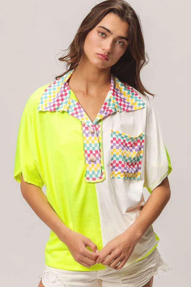BiBi Neon Yellow Color Block Knit with Multi Checker Contrast Top