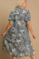 Umgee Dark Blue Printed Smocked Cuff Puff Sleeve Midi Dress