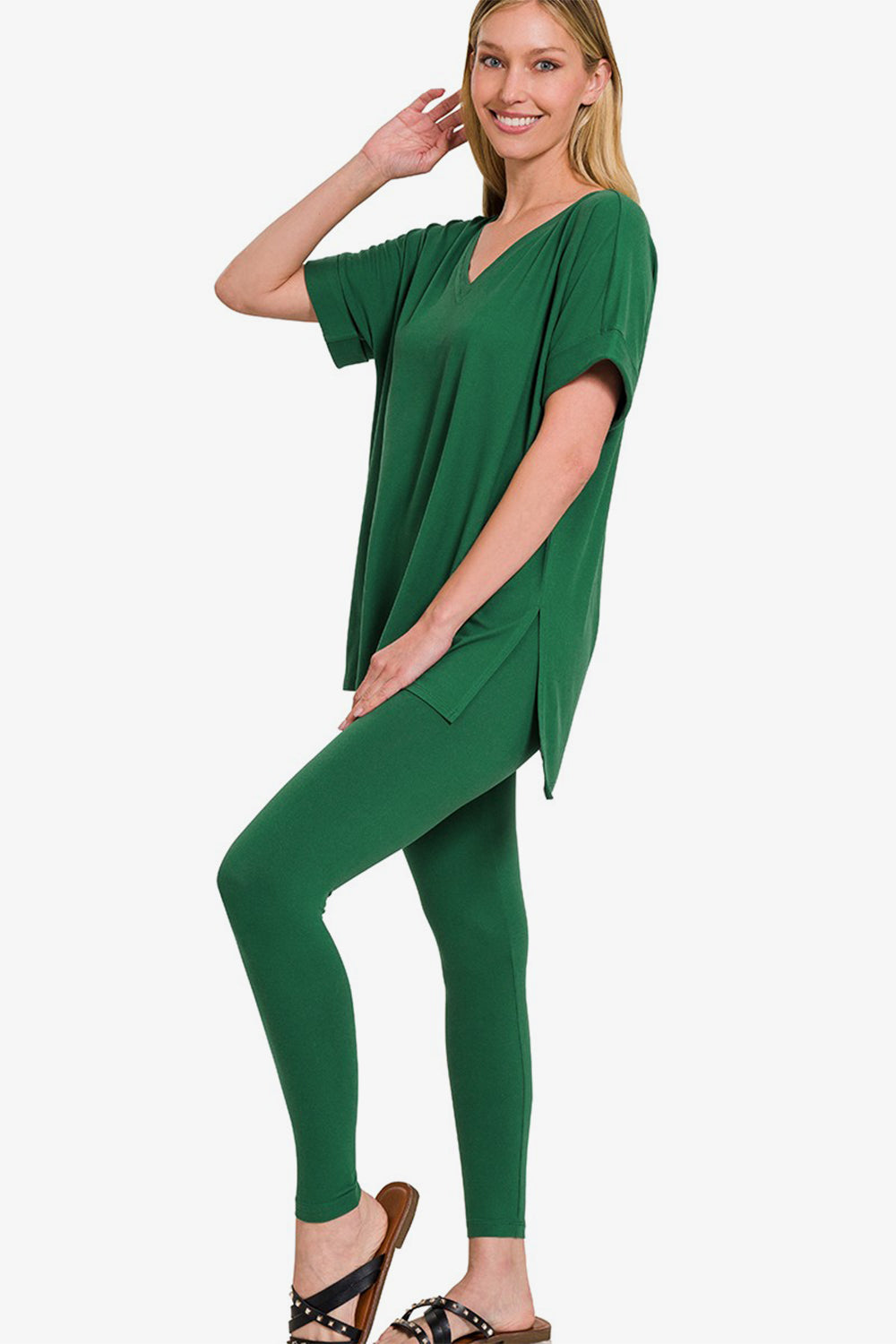 Zenana Dark Green V-Neck Rolled Short Sleeve T-Shirt and Leggings Lounge Set DK Green Trendsi