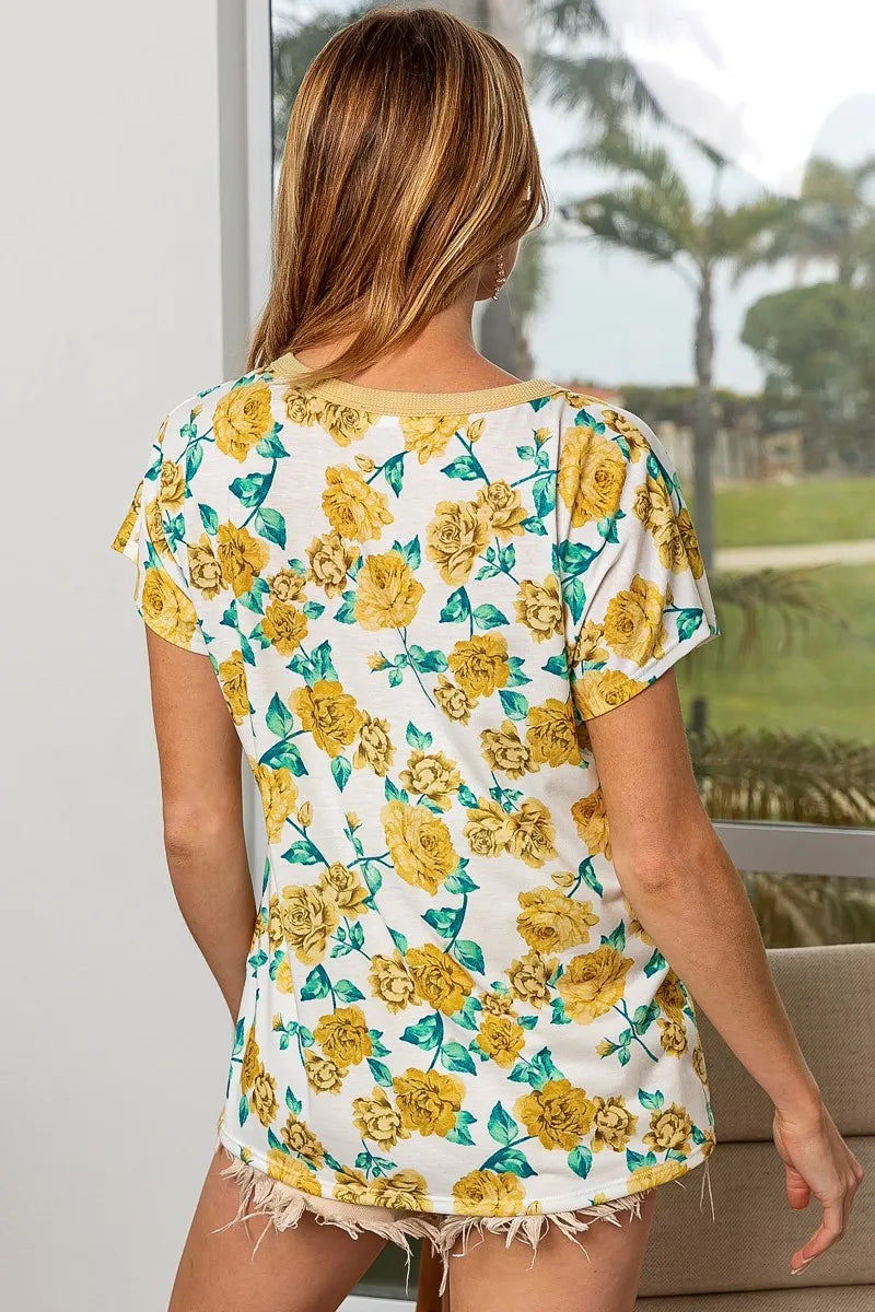 BiBi Yellow Rose Print Thermal Neck Binding Dolman Sleeves Top
