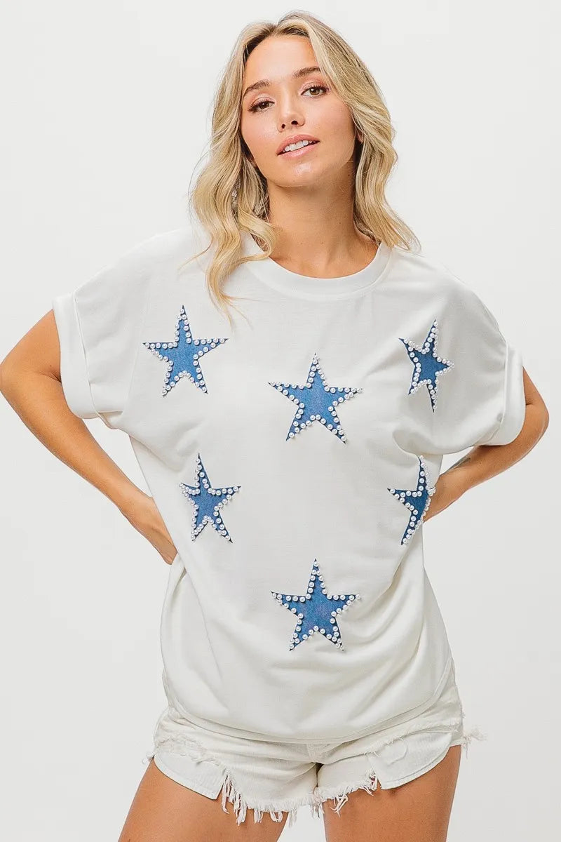 BiBi Off White Beaded Blue Stars Applique Fourth of July Terry T-Shirt OFF WHITE