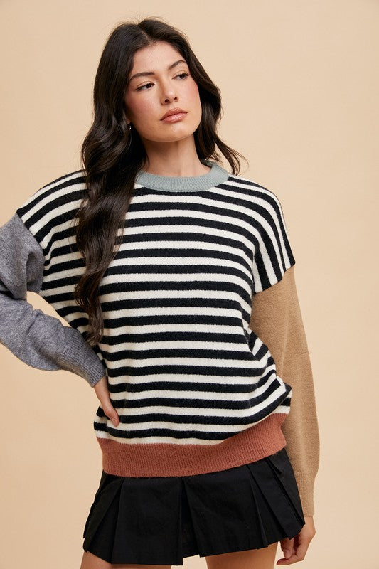 Annie Wear Ivory & Black Striped Color Block Round Neck Sweater