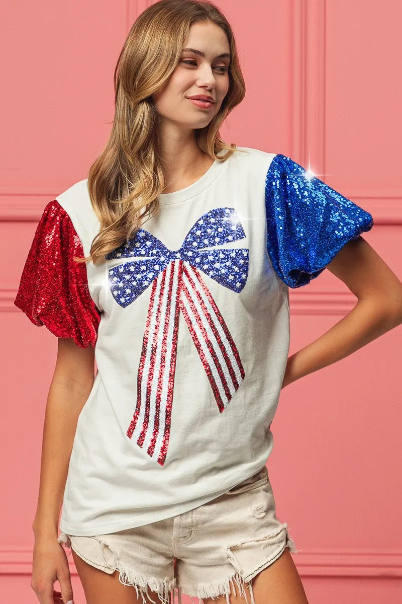BiBi Sequin American Flag Bow Top