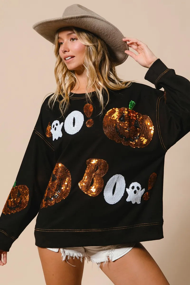 BiBi Black Halloween Theme Sequin Embroideries Sweatshirt