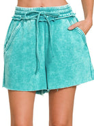 Zenana Light Teal Acid Wash Fleece Drawstring Shorts With Pockets LT TEAL
