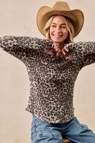 BiBi Leopard Print Washed Waffle Thermal Top with Thumbholes