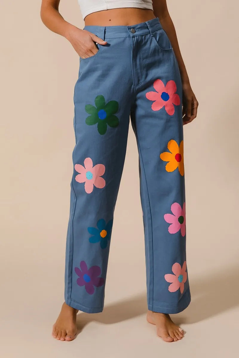 BiBi Flower Print Straight Legs Denim Pants