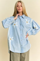 Davi & Dani Lightweight Denim Washed Daisy Patch Waffle Knit Shirt