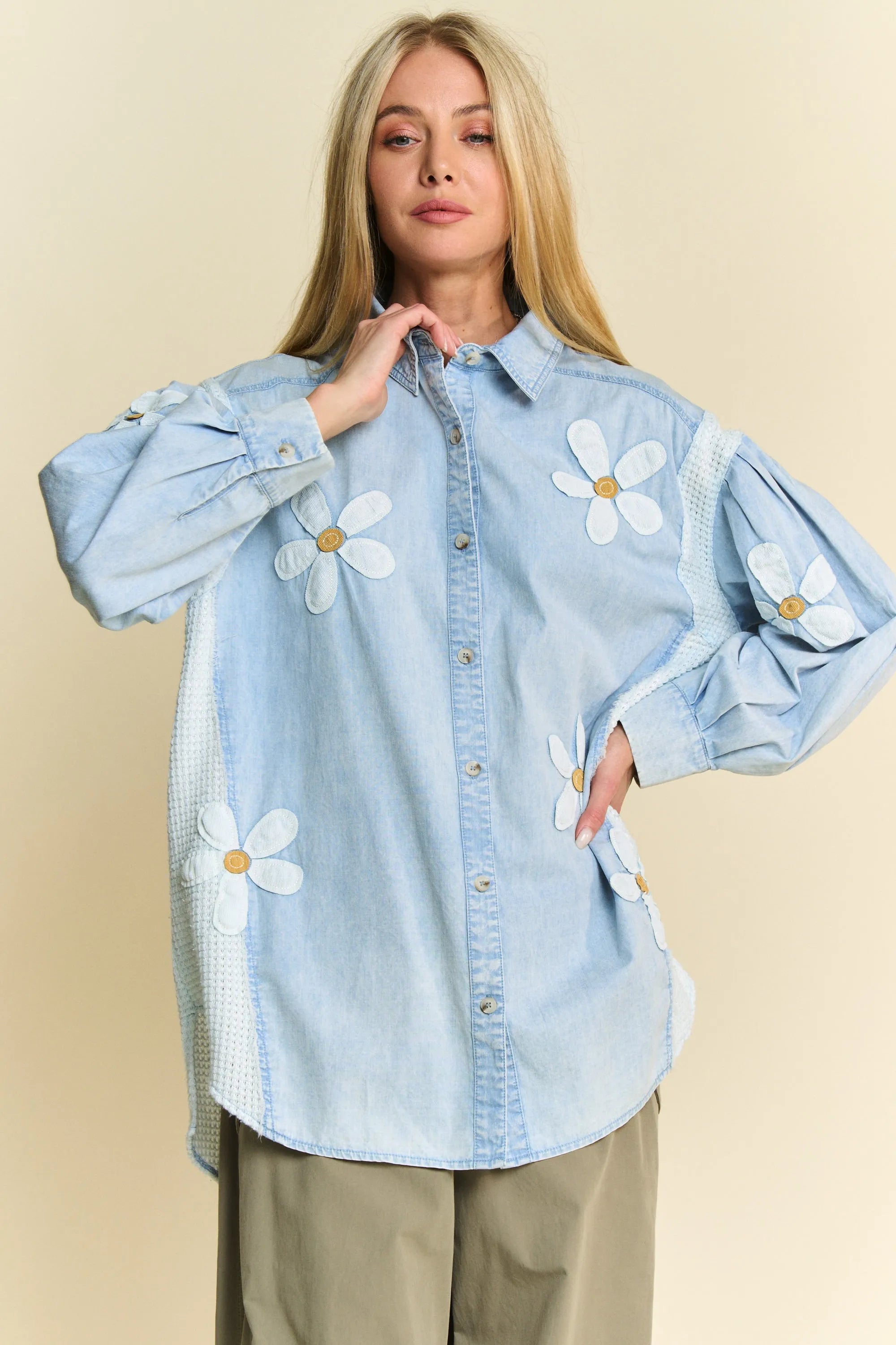 Davi & Dani Lightweight Denim Washed Daisy Patch Waffle Knit Shirt