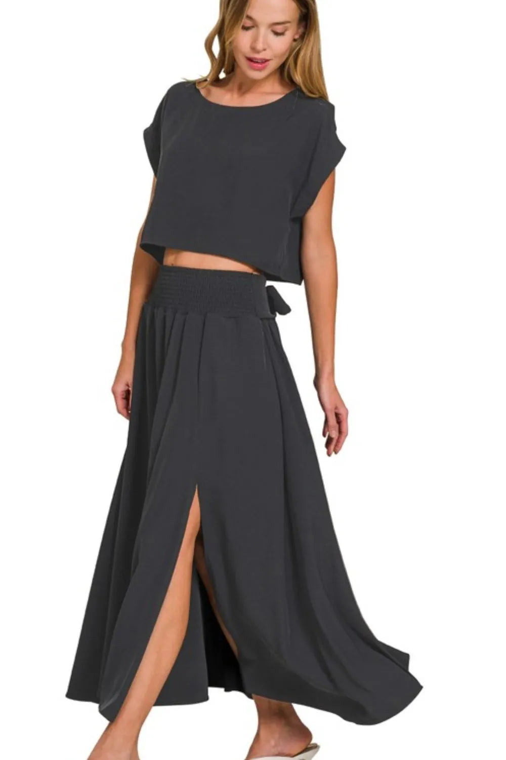 Zenana Black Heavy Woven Span Crop Tee & Skirt Set