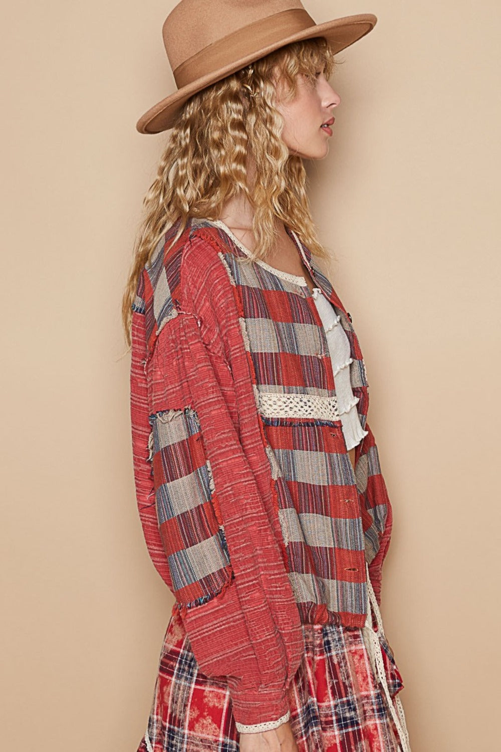 POL Red Multi Round Neck Long Sleeve Plaid Shirt Trendsi