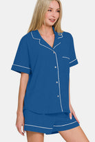 Zenana Classic Blue Button Down Short Sleeve Top and Shorts Lounge Set Loungewear Set