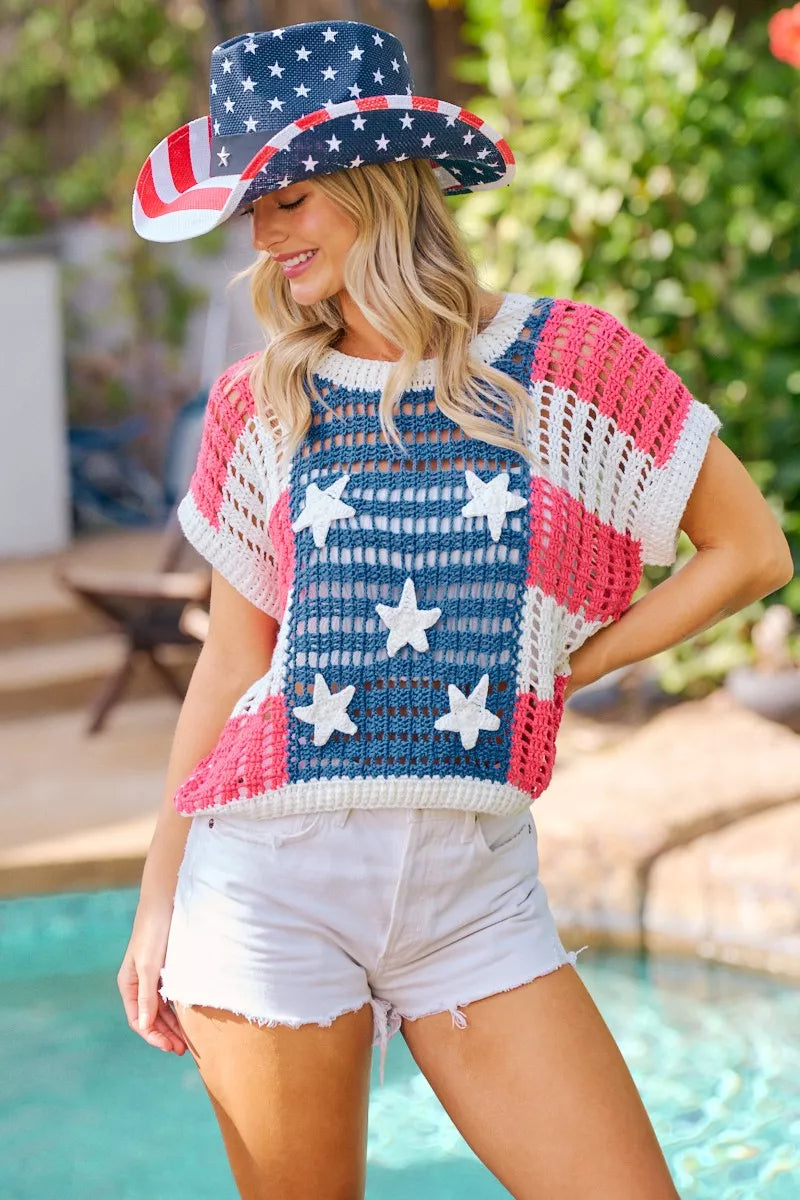 BiBi Crochet Star Patches 4th Of July Sweater Cover Up AMERICAN FLAG