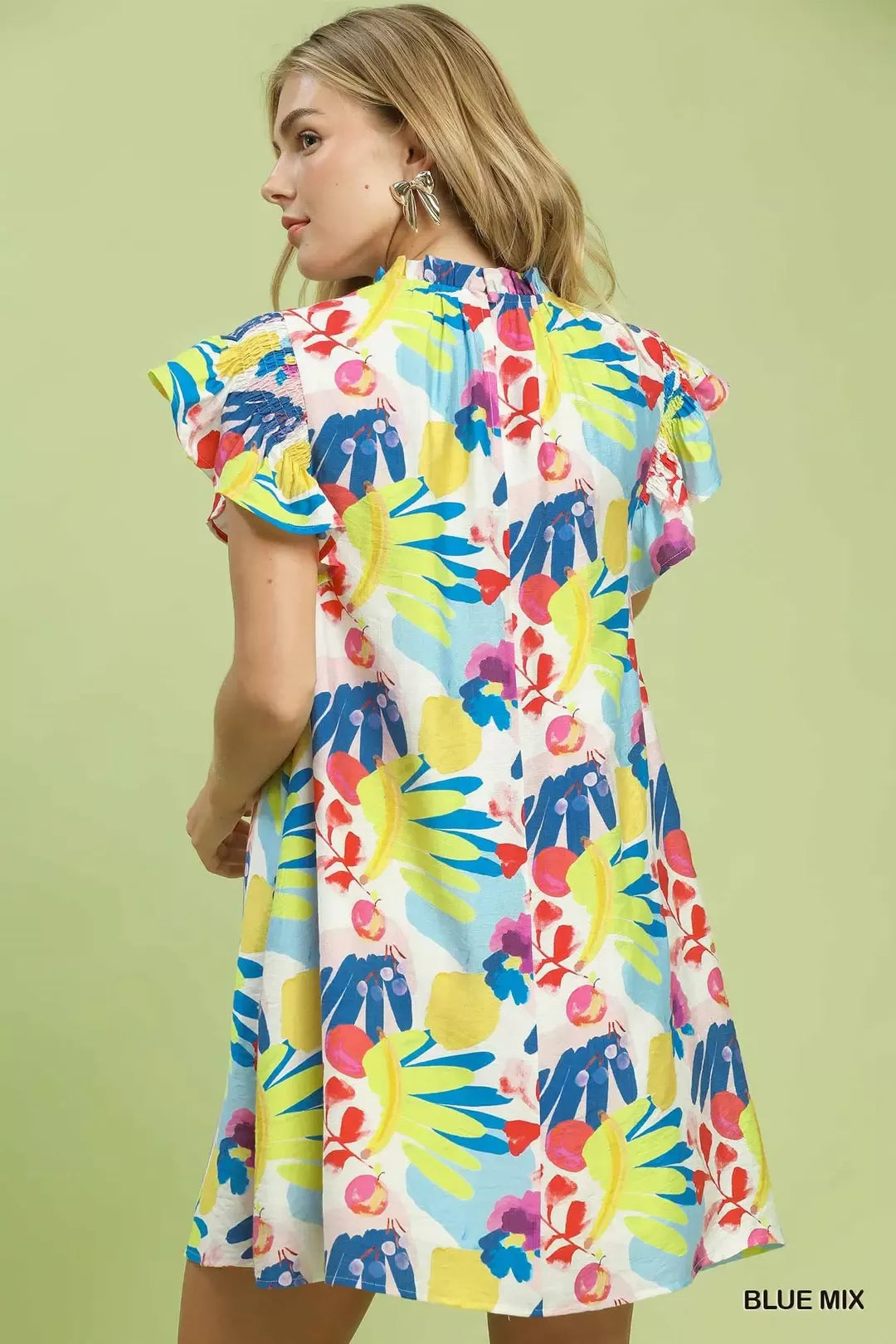 Umgee Blue Mix Ruffled Botanical Print Mini Dress