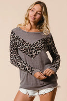 BiBi Mocha Sweater Knit Top With Leopard V Shape Block MOCHA