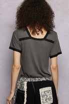 POL Charcoal Lace Detail V-Neck Short Sleeve Textured T-Shirt