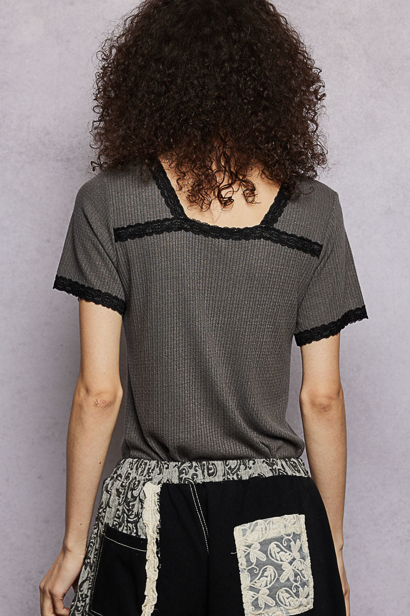 POL Charcoal Lace Detail V-Neck Short Sleeve Textured T-Shirt