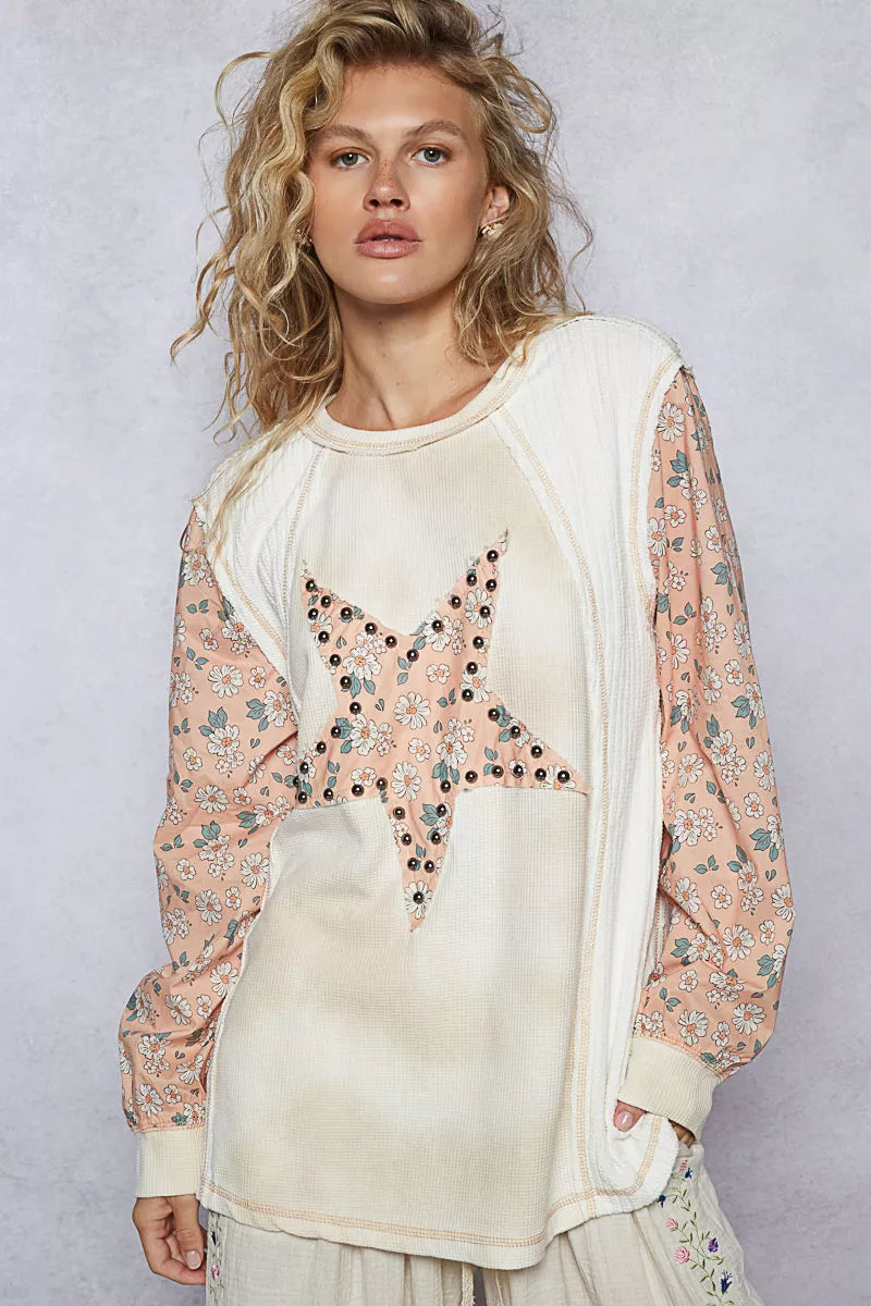 POL Exposed Seam Star Patch Thermal Top with Floral Sleeves – Cream Multi